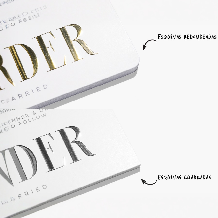 Se muestran unas tarjetas de visita con relieve metalizado dorado y plateado, y se destacan las esquinas redondeadas y cuadradas, respectivamente.