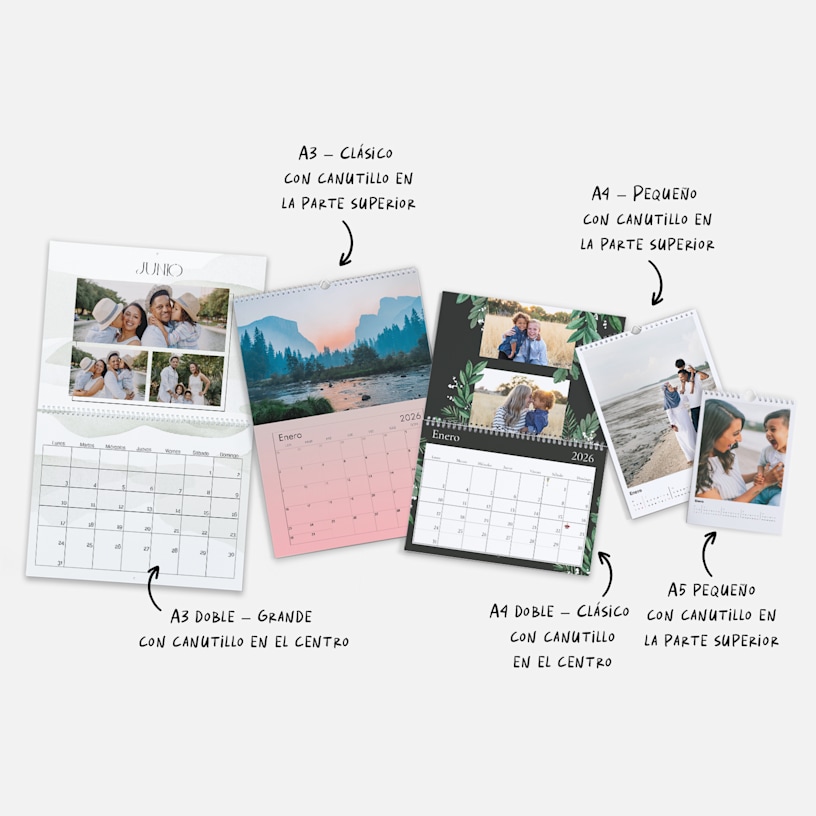 Distintos calendarios de pared con fotos personalizadas en varios tamaños y diseños. Las notas indican distintas opciones de tamaño. 