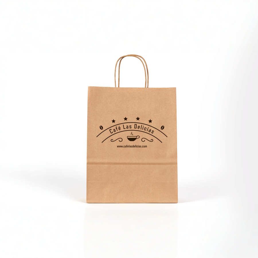 bolsa de papel marrón con el logotipo de la empresa