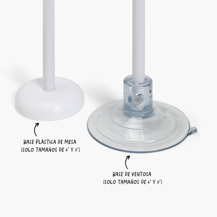 Una base de plástico para mesa y una base de ventosa para globos con foto, con notas que especifican qué tamaño de globos puede utilizarse con cada una. 