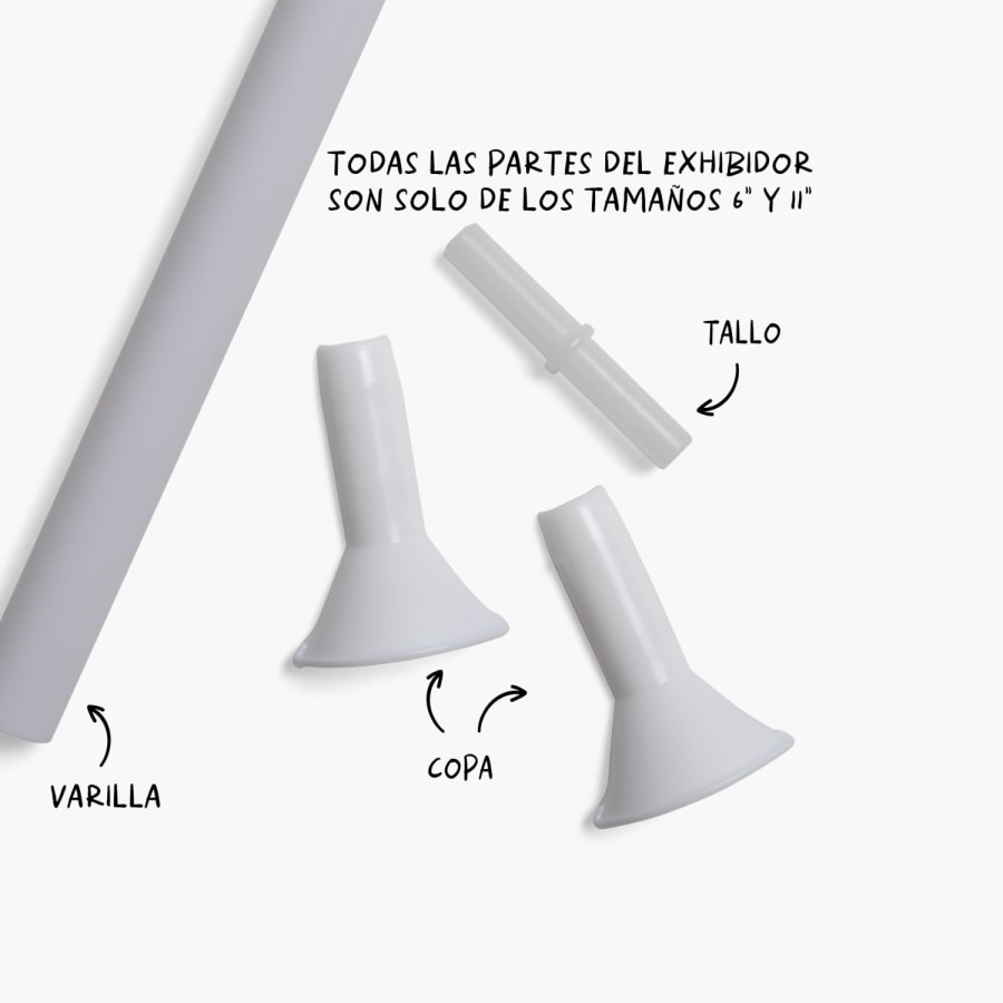 Surtido de accesorios para globos con foto, con varilla, vaso y tallo, con notas que especifican qué tamaño de globos se adapta a cada accesorio. 