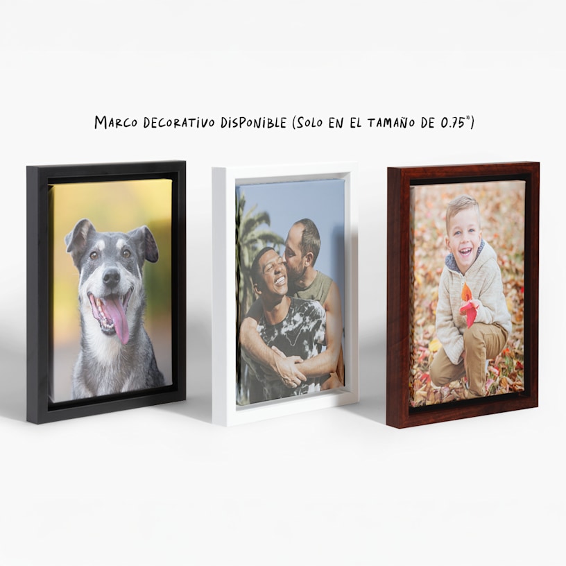 Tres marcos decorativos para lienzos con foto personalizados en color negro, blanco y nogal