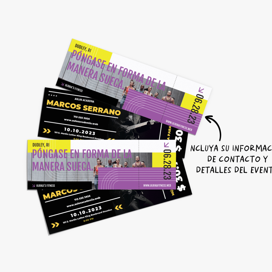 4 tickets microperforados de dos caras de un evento de fitness, con una nota que indica la información de contacto y detalles del evento adicionales que se agregaron en el talón de los tickets.