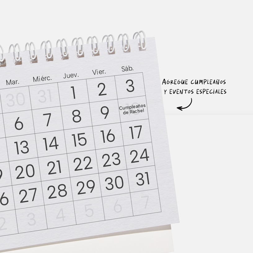 Cuadrícula de calendario con una nota donde se indica que se pueden añadir cumpleaños y eventos especiales al calendario personalizado. 