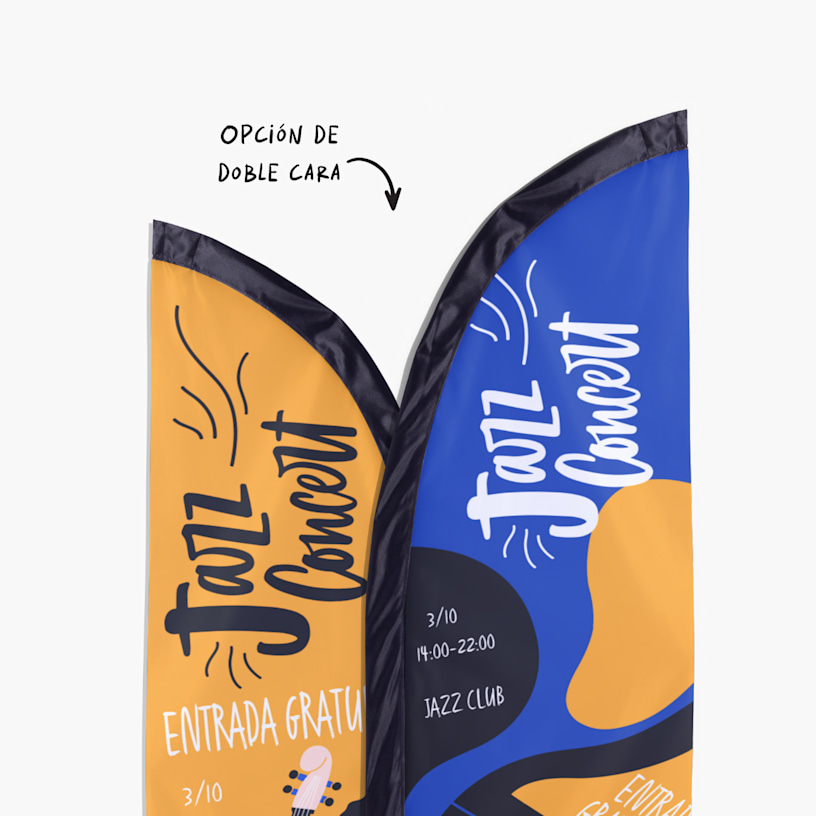 Una bandera vela de dos caras promocionando un concierto de jazz.