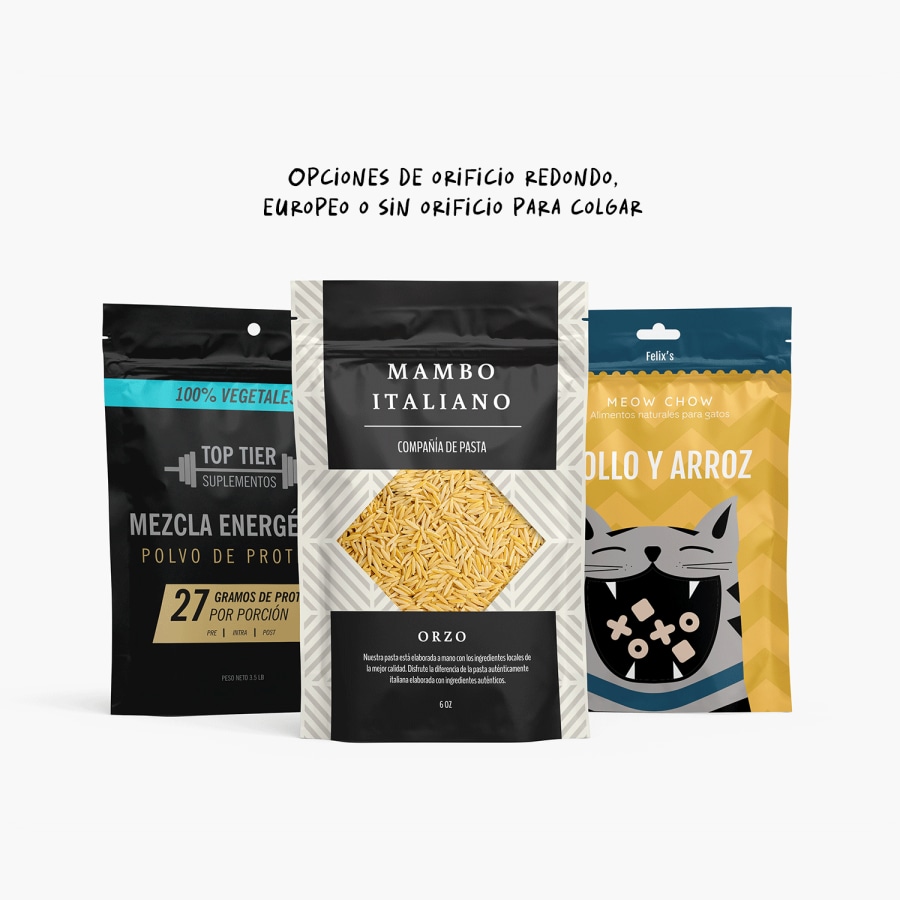 Una imagen de proteína en polvo, pasta orzo y comida para gato en bolsas Stand Up.