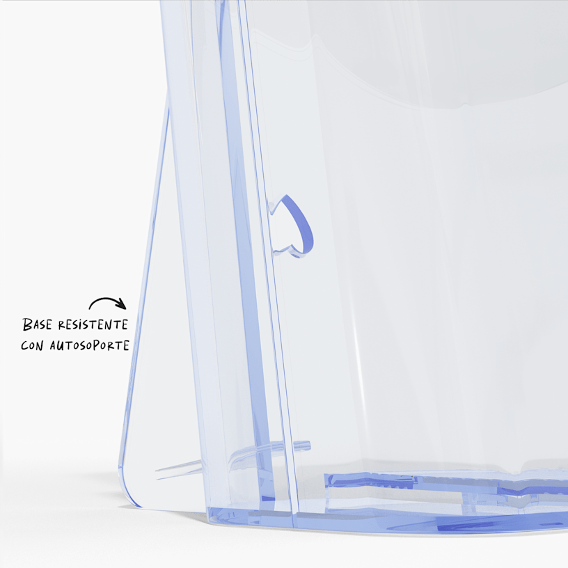 Un soporte para folletos con una nota indicando que ofrece una base con autosoporte resistente. 