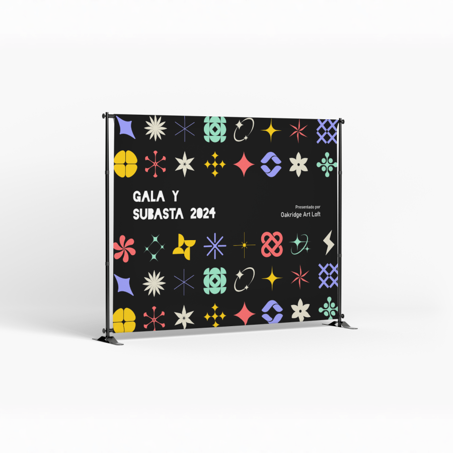 Un fondo de prensa promocionando una gala de una galería de arte.