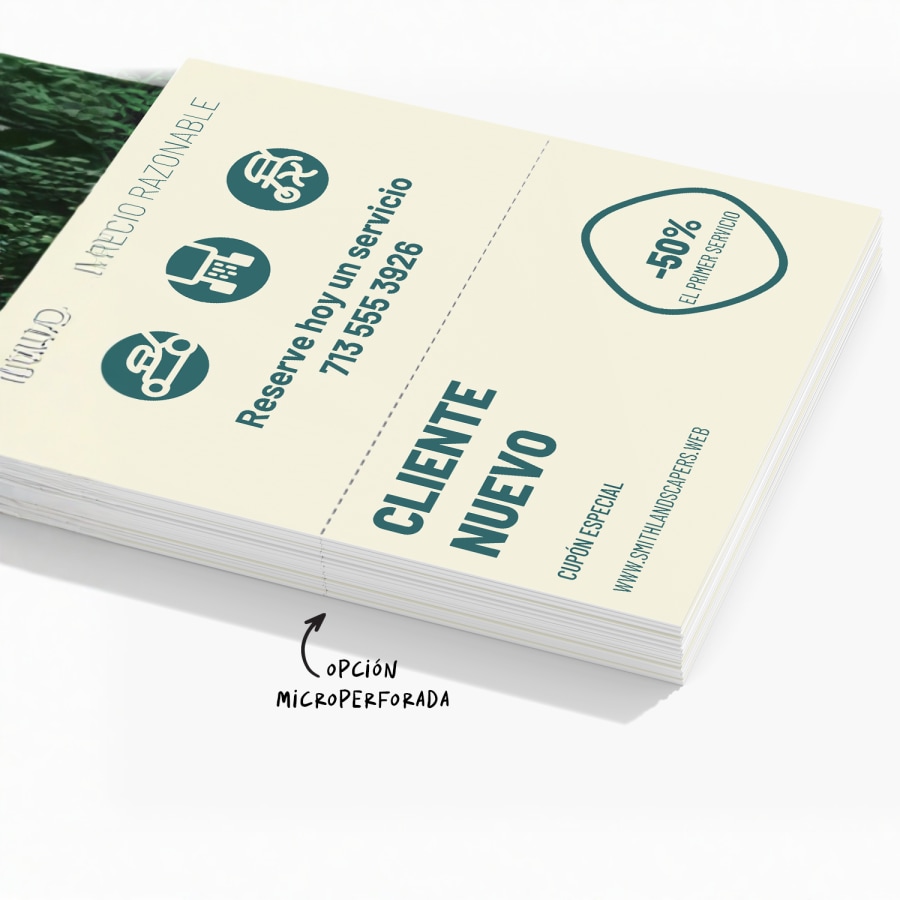 Un conjunto de colgadores para puerta microperforados mostrando cupones para servicios de jardinería, con una nota indicando que es la opción microperforada. 