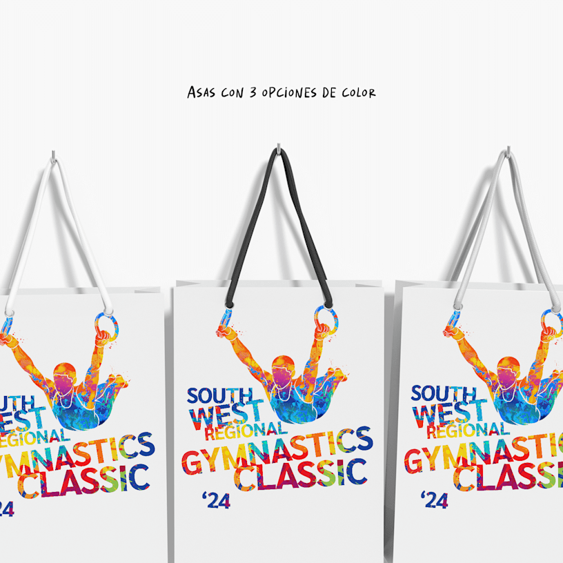3 bolsas con marca mostrando las opciones de los colores de las asas, blanco, negro y plateado.