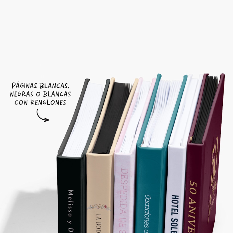 Lomos de libros de visitas personalizados para diversas ocasiones, como despedidas de soltera y fiestas de aniversario. 