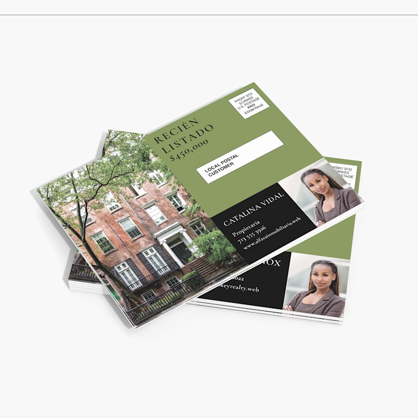 Un conjunto de postales de correo directo de puerta a puerta (Every Door Direct Mail, EDDM), mostrando un listado de bienes raíces.