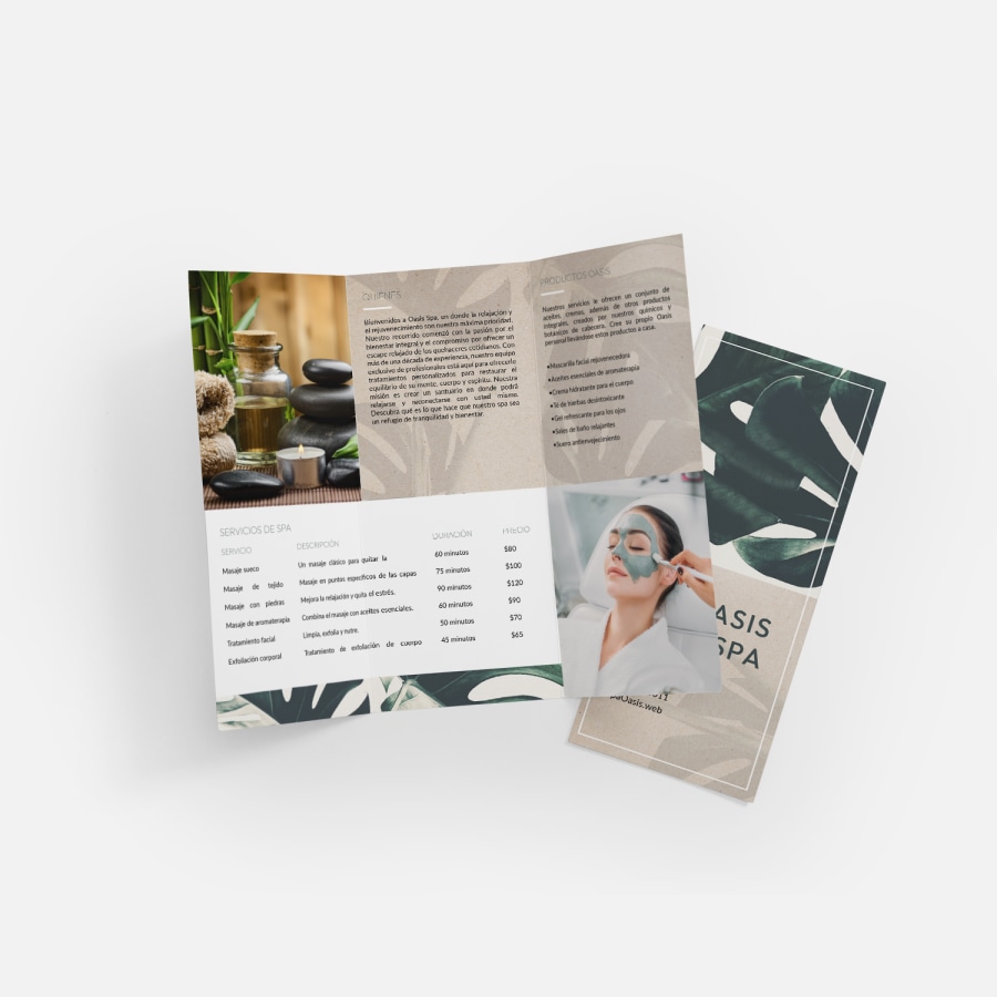 Menús dípticos para un spa. Uno está abierto y lista diferentes servicios en las secciones de en medio.  