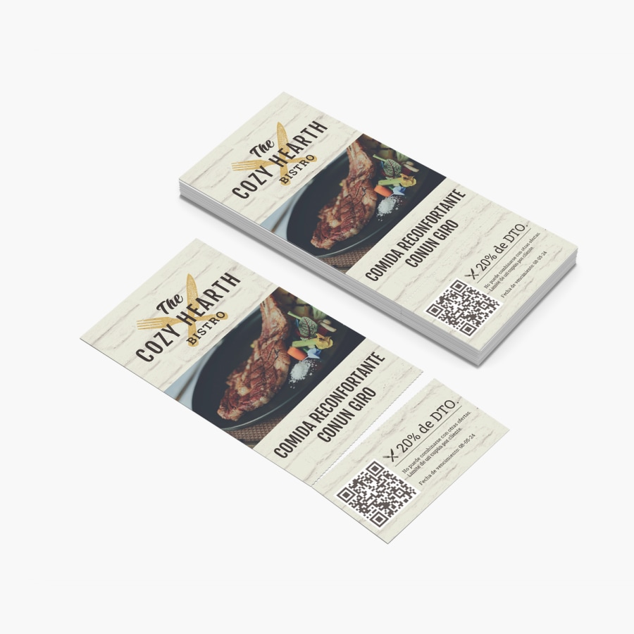 Dos tarjetas desprendibles de un restaurante con cupones desprendibles ofreciendo un descuento de $20. 