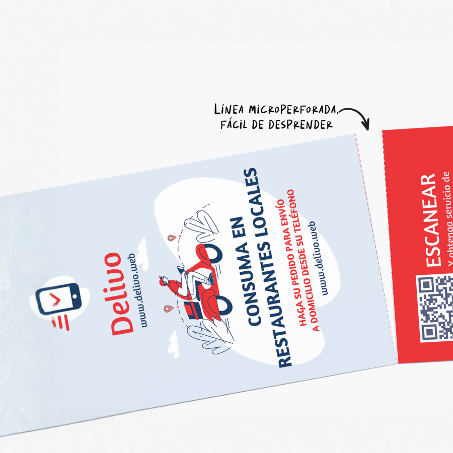 Una tarjeta desprendible de un servicio de entrega de comida a domicilio con una pestaña desprendible con un código QR. Tiene una nota indicando que la tarjeta desprendible le ofrece una línea microperforada, fácil de desprender.