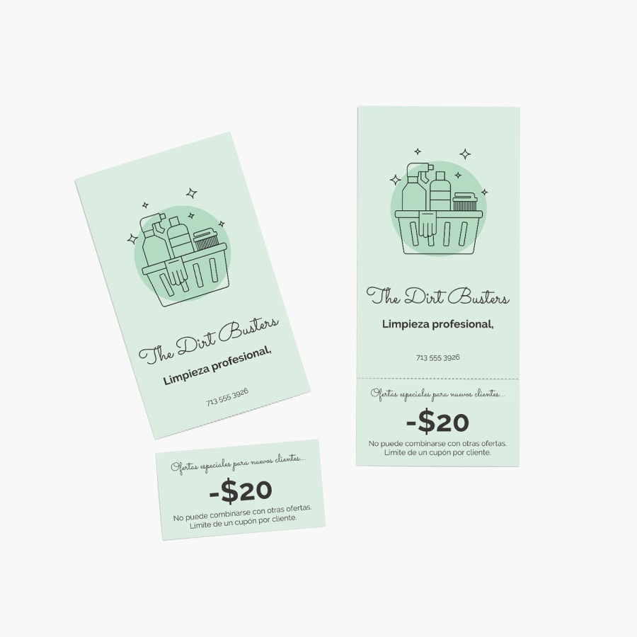 Dos tarjetas desprendibles de una empresa de limpieza, con vouchers microperforados promocionando una oferta. 