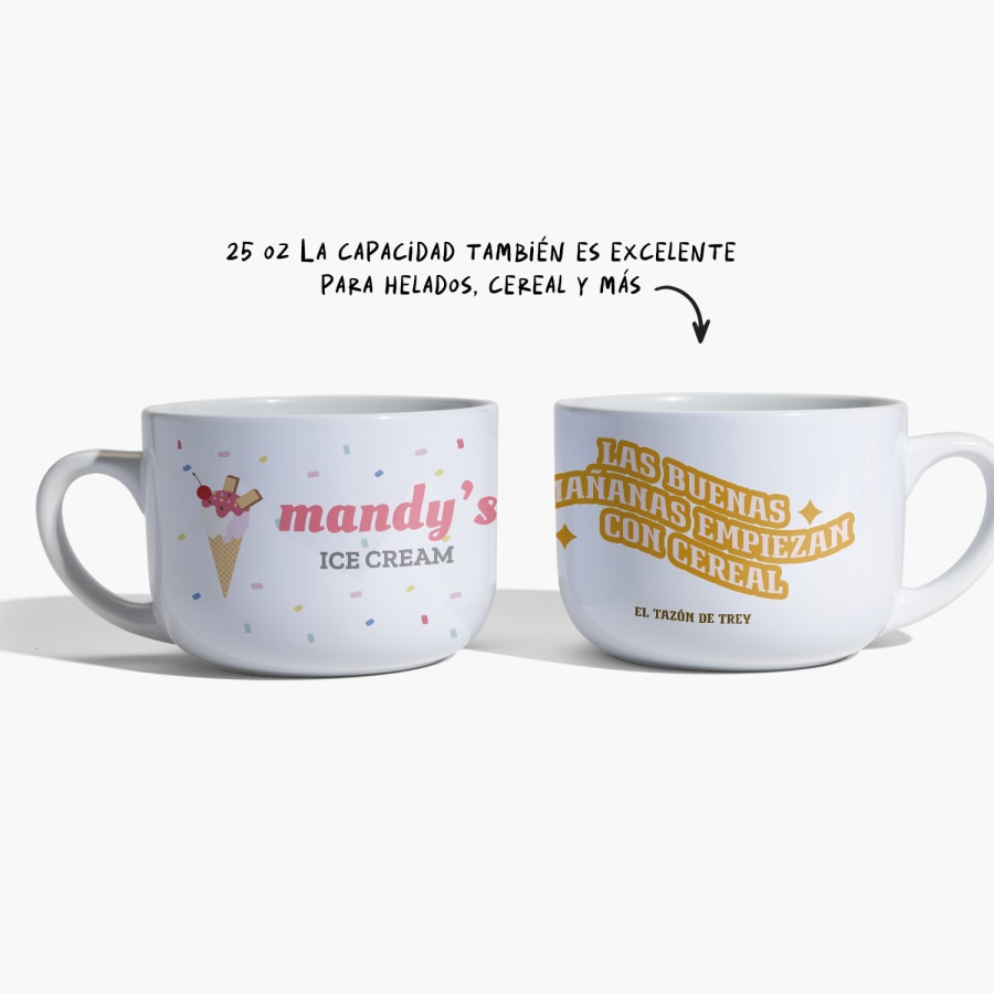 Dos tazas para sopa juntas, una que personalizada con un diseño para helado y otra para cereal con una nota que dice capacidad para 25 oz y son también perfectas para helados, cereales y más. 