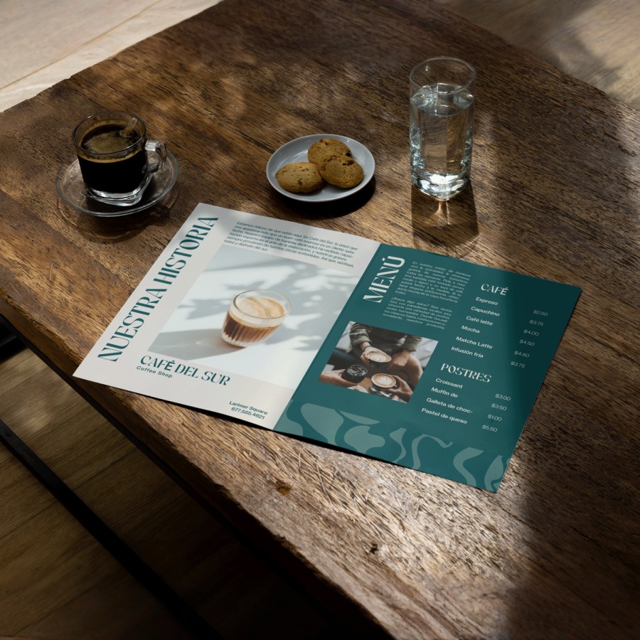 Un menú díptico de un café, colocado de forma plana sobre una mesa con café y galletas junto al mismo.