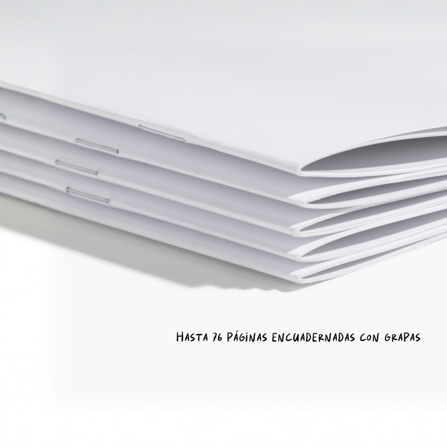 Una pila de cuadernillos con tapa de papel sin imprimir, mostrando el encuadernado de grapas. 