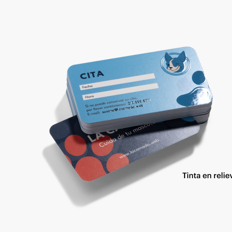 El anverso y reverso de una tarjeta recordatorio de citas con relieves brillantes de una empresa de aseo de mascotas.