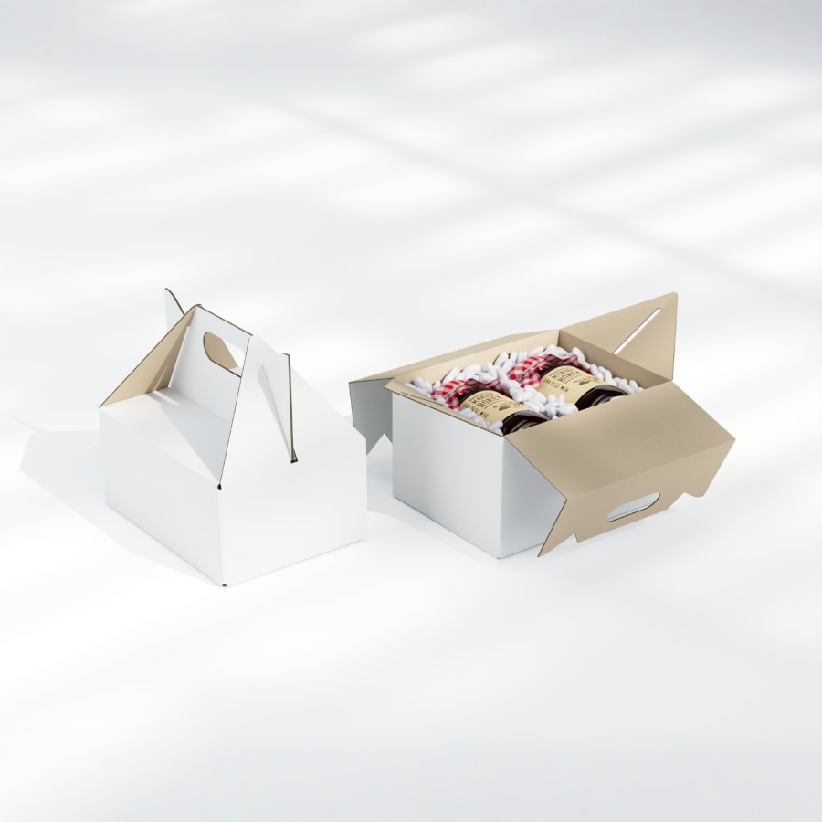 2 cajas lonchera sin impresión: 1 está cerrada y la otra abierta con 2 mermeladas adentro.