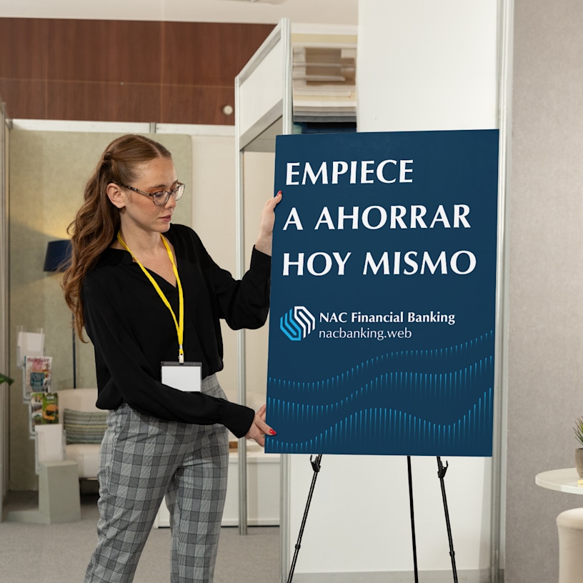 Una mujer de pie junto a un cartel de cartón pluma que se muestra sobre un caballete.