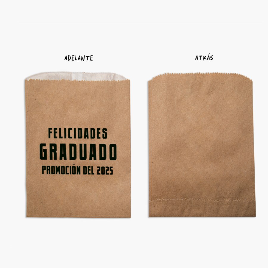 Vista frontal y trasera de una bolsa sorpresita de papel kraft con notas que indican frente y dorso.  