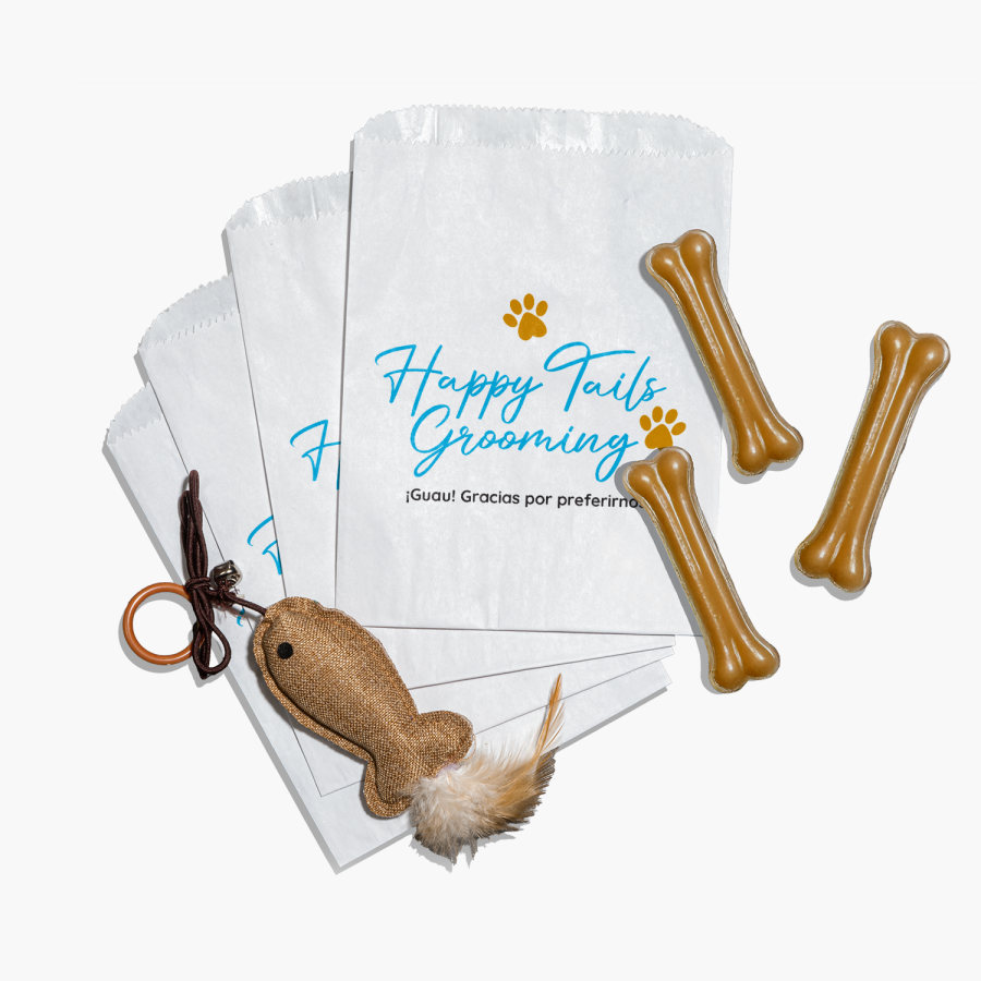 Una bolsa sorpresita personalizada para un negocio de peluquería canina. 