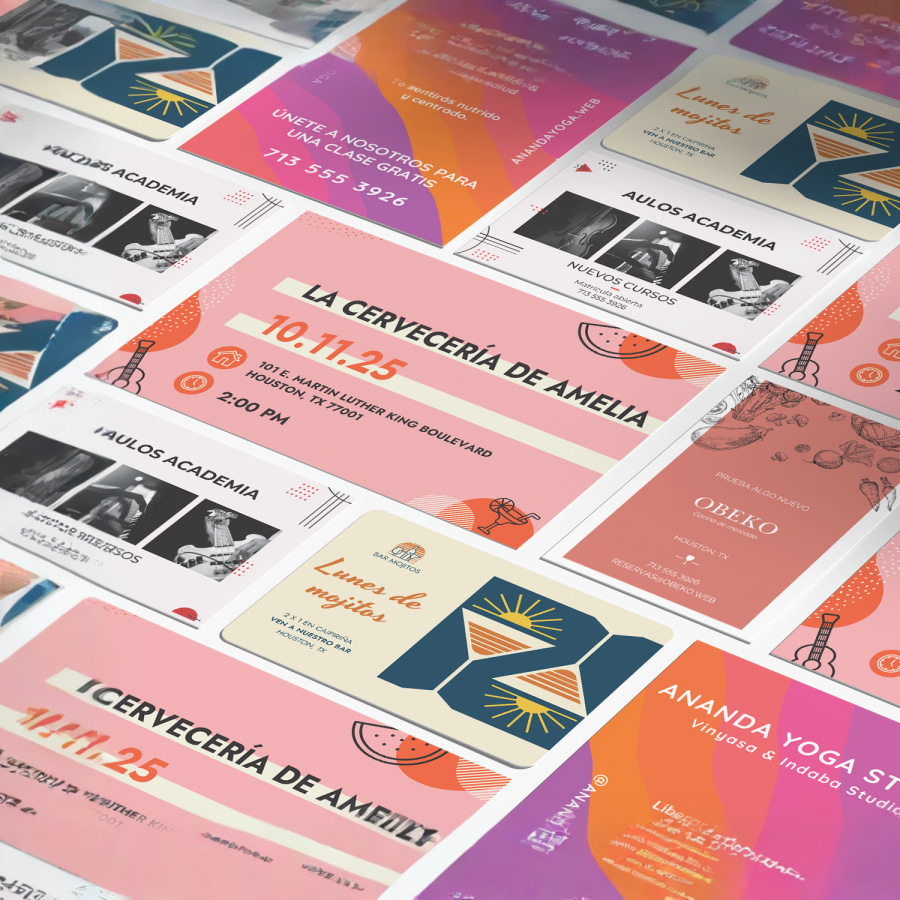 Un collage de diferentes postales tradicionales anunciando una variedad de negocios.