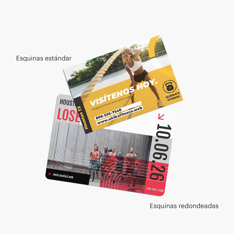 2 postales de un gimnasio, 1 con esquinas redondeadas y 1 con esquinas estándares.