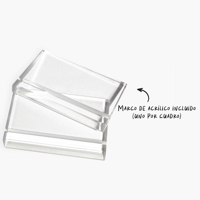 Dos soportes de exposición transparentes, con una nota de que cada mosaico de fotos viene con un soporte. 