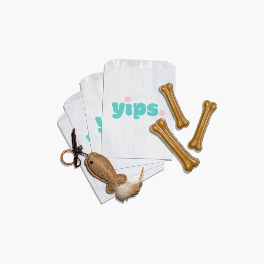 Bolsas de bocadillos de una tienda para mascotas con un juguete para gatos y huesos para perros.