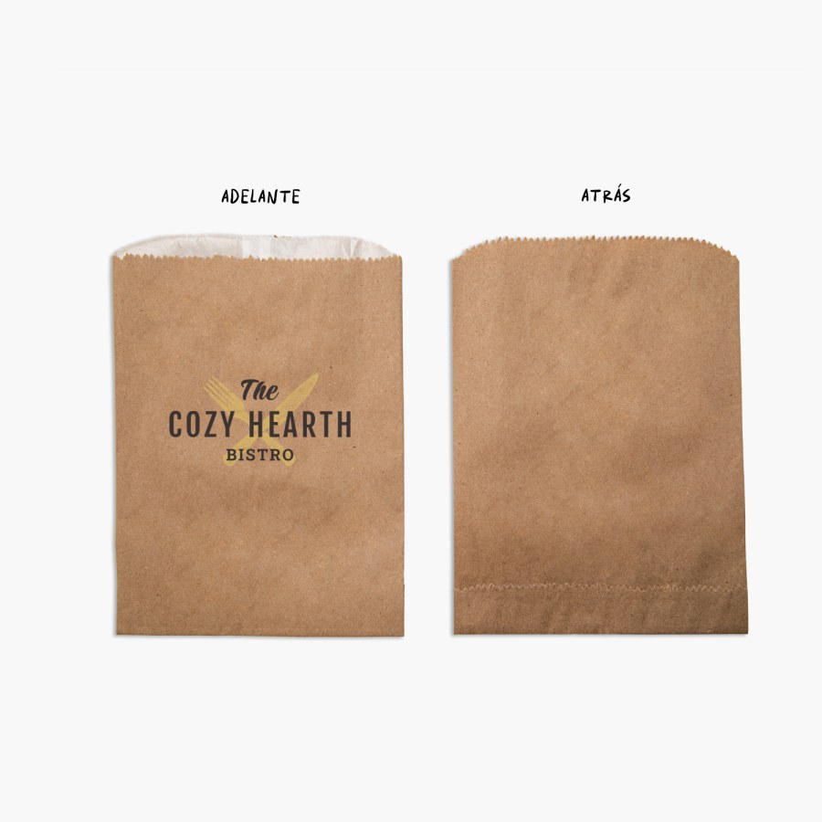 La parte de adelante y atrás de una bolsa de bocadillos de un bistro.
