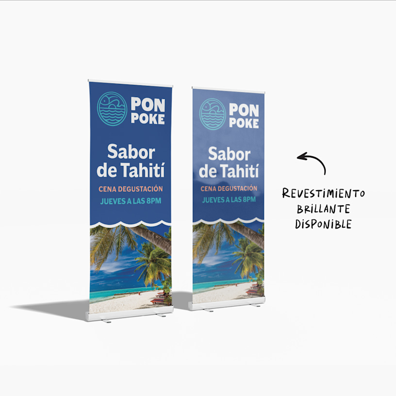 2 lonas retráctiles de un restaurante de tazones de poke, 1 muestra la opción disponible de revestimiento brillante de protección.