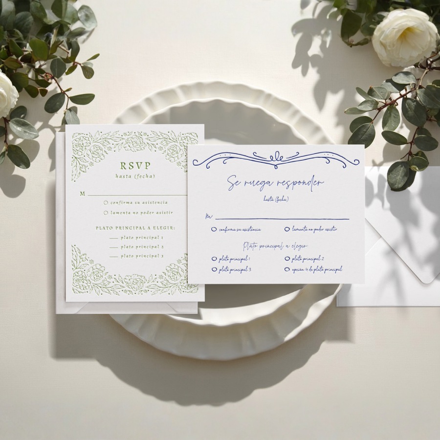 Una tarjeta de RSVP vertical y una tarjeta de RSVP horizontal con varios motivos decorativos. 
