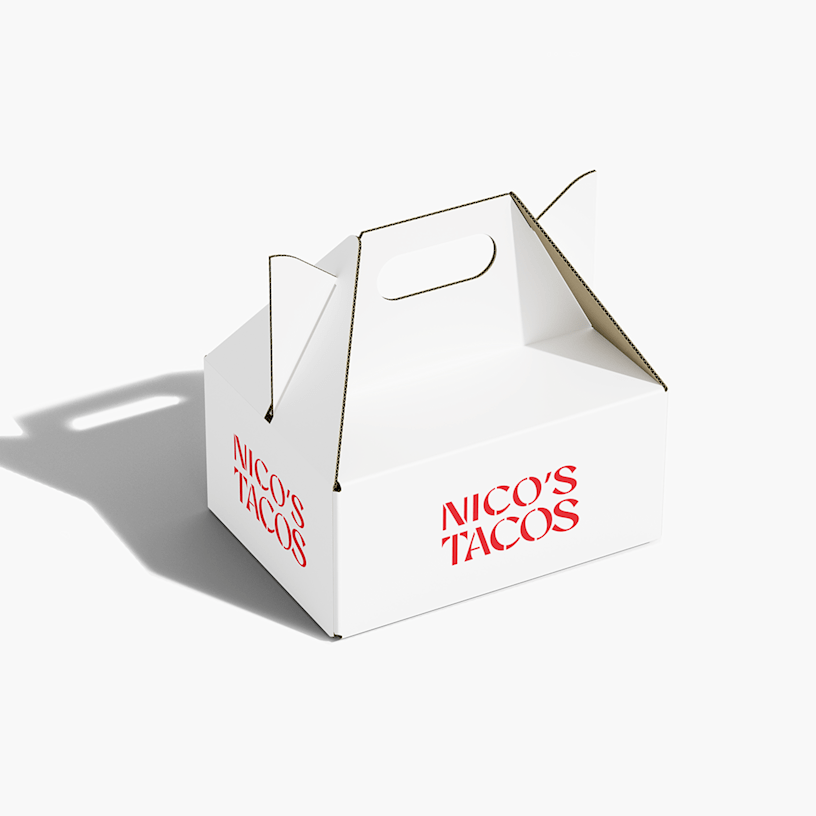 Una caja lonchera con logo de color vibrante para tacos, con el logotipo en la parte de adelante y el lado izquierdo.