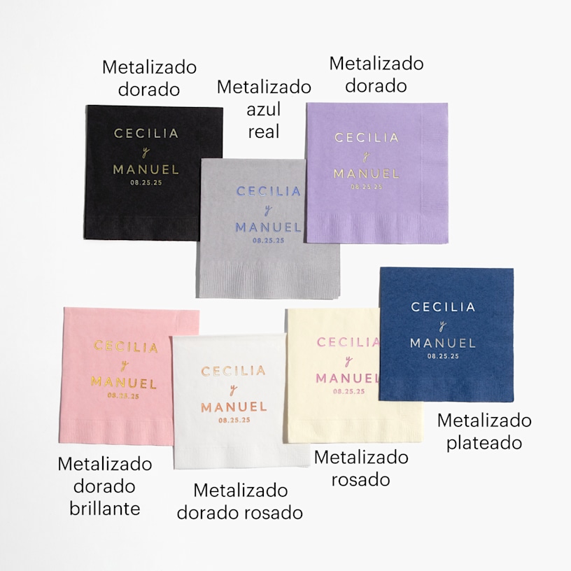 Una variedad de servilletas con decoración metalizada con distintos colores de base y de metalizado.