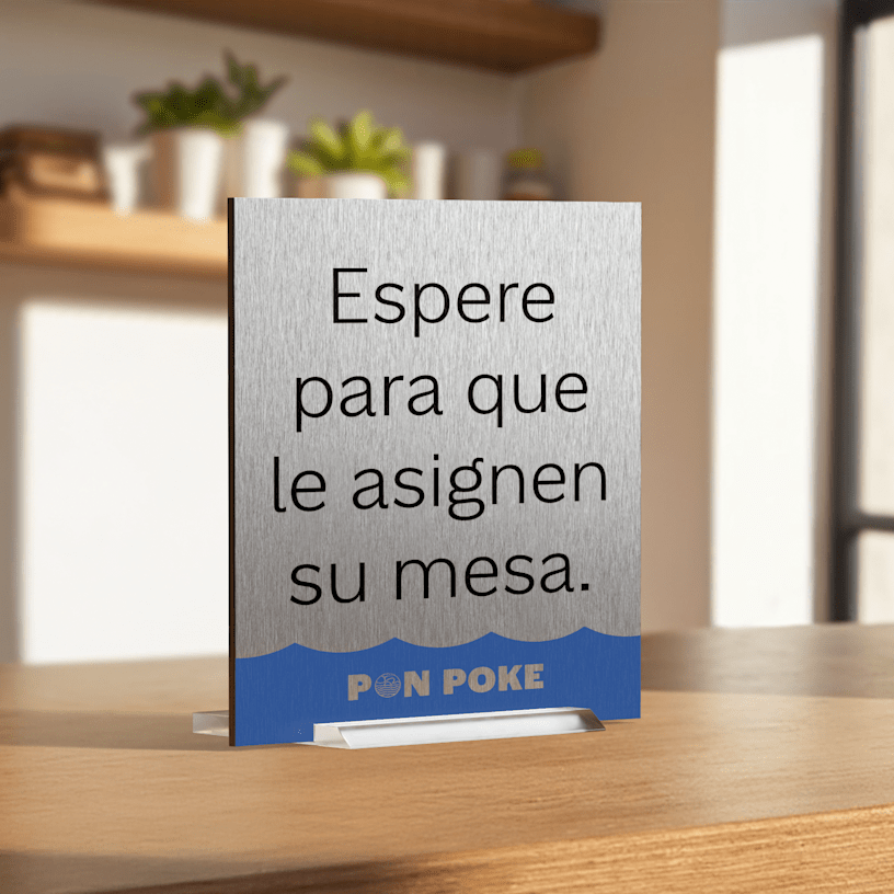  Cartel metálico para mesa de restaurante de poke bowl que indica a los clientes que deben esperar a que les asignen mesa.