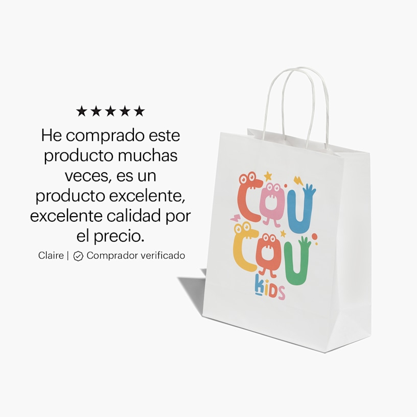 Una bolsa de papel estándar blanca de una tienda de entretenimiento para niños, con el testimonio de un comprador verificado: “He comprado este producto muchas veces, es un producto excelente, excelente calidad por el precio”.