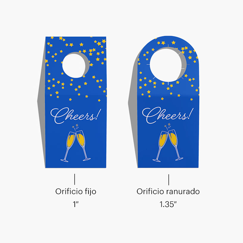 Dos etiquetas para cuello de botella, una con un orificio fijo y uno con un orificio ranurado.