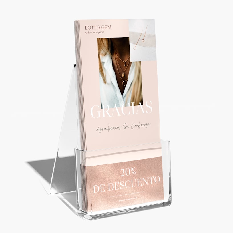 Tarjetas informativas de una empresa de joyería artesanal con un efecto metálico resplandeciente, suave, ofreciendo a los clientes el 20% de descuento como agradecimiento.