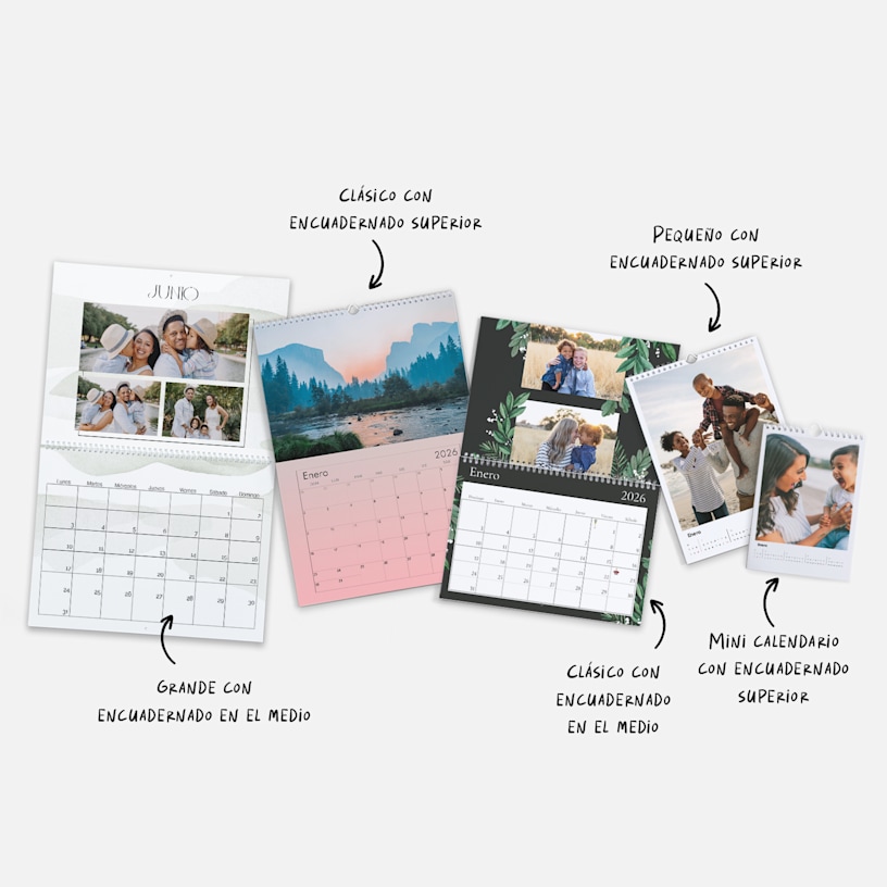 Cinco calendarios de pared con foto en una variedad de tamaños y estilos. Una nota que lista los tamaños: clásico con encuadernado superior, pequeño con encuadernado superior, grande con encuadernado en el medio y clásico con encuadernado en el medio. 