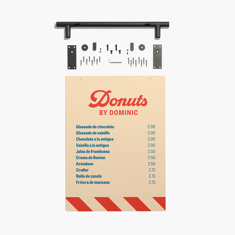  Un tablero de menú mostrando el menú de una tienda de donas con precios. Arriba de la barra del menú se muestran las piezas de ensamblaje incluidas.