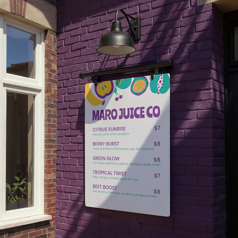 Un tablero de menú mostrando el menú de un bar de jugos con sus precios.