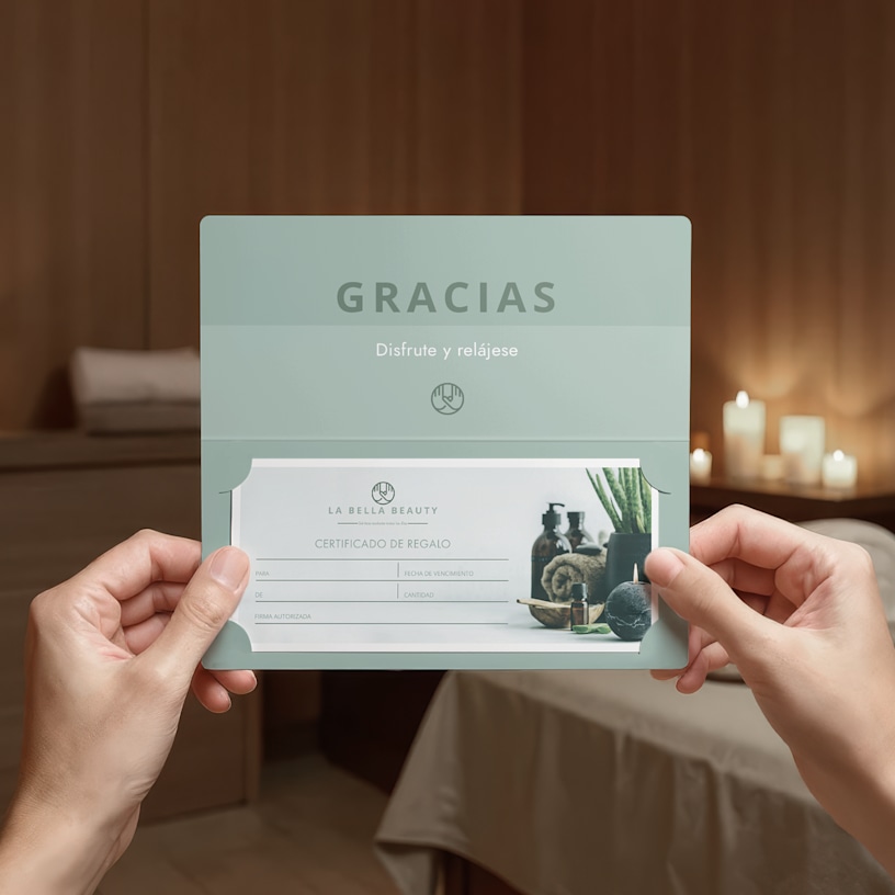 Una persona sujetando el certificado de regalo de un spa, adentro de un sobre para certificados de regalo.
