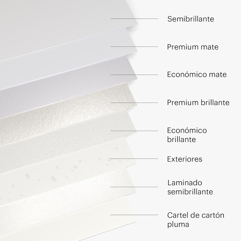 Todos los tipos de papel de pósteres que ofrecemos para propósitos de comparación. 