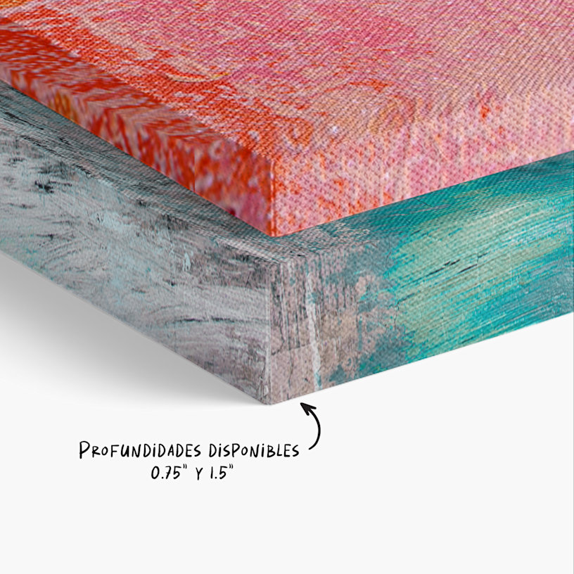 Dos lienzos apilados uno encima del otro con imágenes de paisajes impresas, con una nota que indica que hay disponibles profundidades de 0.75" y 1.5".