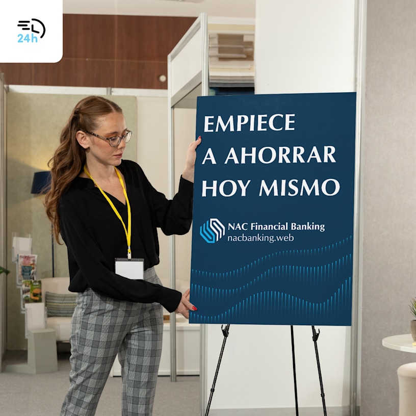 Una mujer parada junto al cartel de cartón pluma de una institución financiera que se muestra en un caballete, con el ícono de entrega en 24 horas en la esquina.
