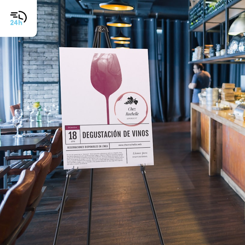Un cartel de cartón pluma de degustación de vinos colocado en un caballete adentro de un restaurante, con el ícono de entrega en 24 horas en la esquina.