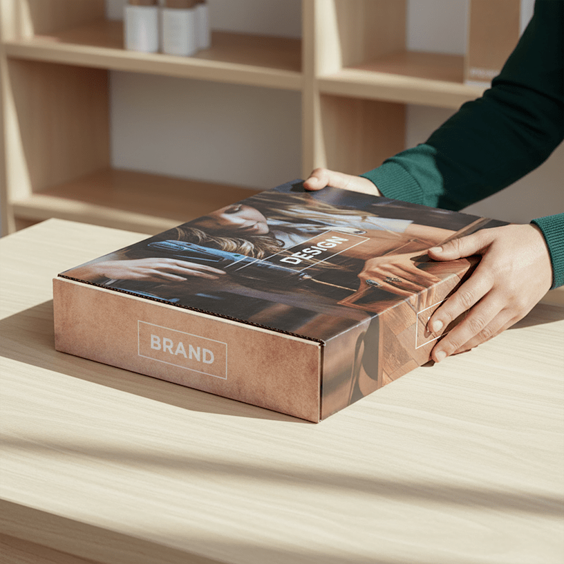 2 muestras de cajas planas para envíos coloridas.